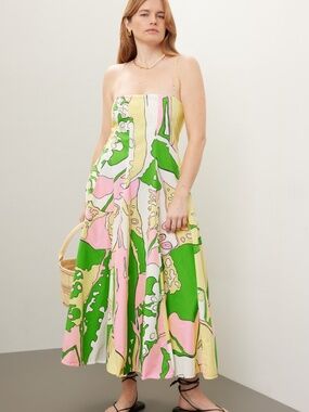 S/W/F Yellow Pink Midi Dress Abstract Print Paneled - Size Large SWF